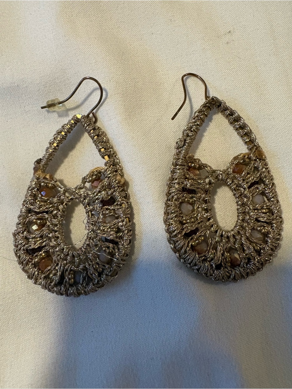 Handcrafted Gold-Tone Teardrop Crochet Earrings with Bead Accents